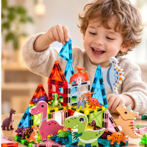 Blocos Magnéticos Infantil Dinossauro Brinquedo Educativo Montagem Criativa STEM +3 Anos