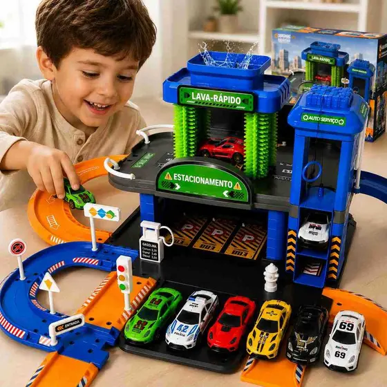 Pista de Carrinhos Estacionamento com Lava Rápido Elevador e 6 Carrinhos Brinquedo Infantil SUPER QUALIDADE