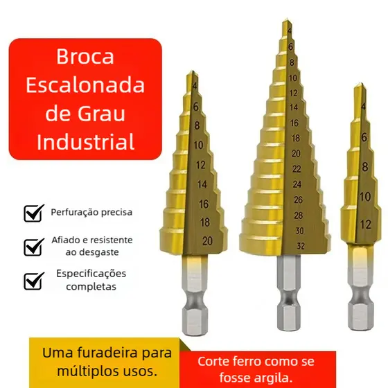 Ferramentas Brocas Escalonadas Amarelas e Punção Com Organizador