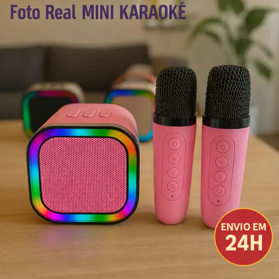 Caixa de Som mini Karaoke portatil 2 Microfones sem fio Alto Falante Bluetooth Infantil Duplo