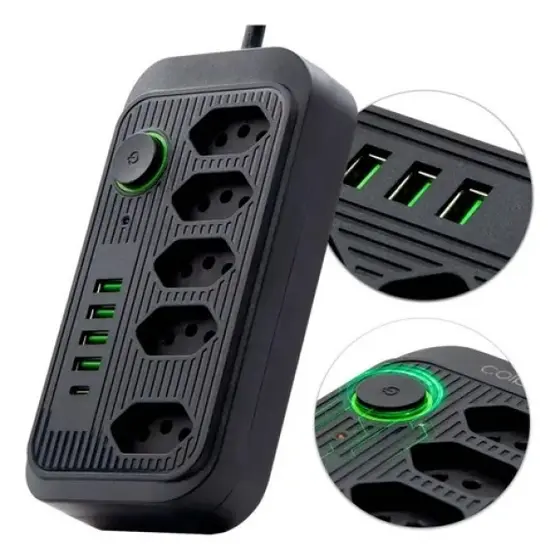 Filtro de Linha 5 Tomadas 4 USB Cabo 2 Metros Extensão Elétrica Preta Bivolt Cor Preta