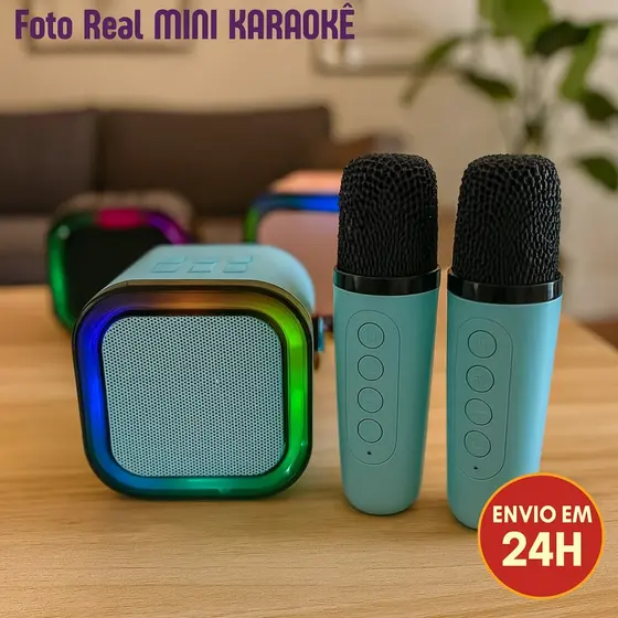 Caixa de Som mini Karaoke portatil 2 Microfones sem fio Alto Falante Bluetooth Infantil Duplo