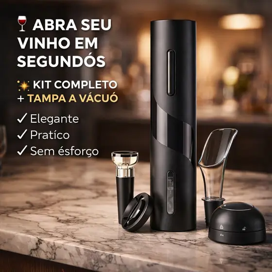 Kit Abridor Vinho Elétrico + Tampa a Vacuo Rolha Champange Pressao Saca Rolhas Automático 4 Peças