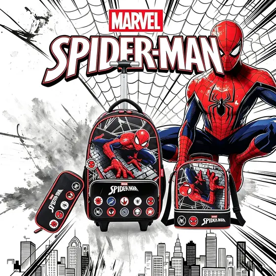 Marvel Kit Mochila Rodinha Homem‑Aranha Oficial 3 em 1 Material Resistente para Menino Infanti Spider‑Man