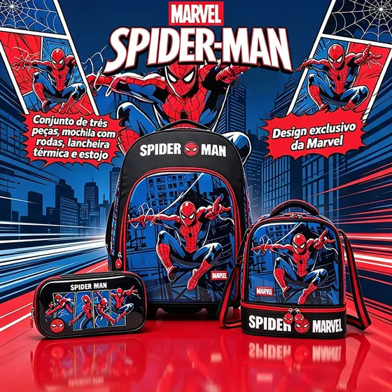 Marvel Kit Mochila Escolar Homem-Aranha Com Rodinha + Lancheira Térmica E Estojo - 3 Peças Design Exclusivo