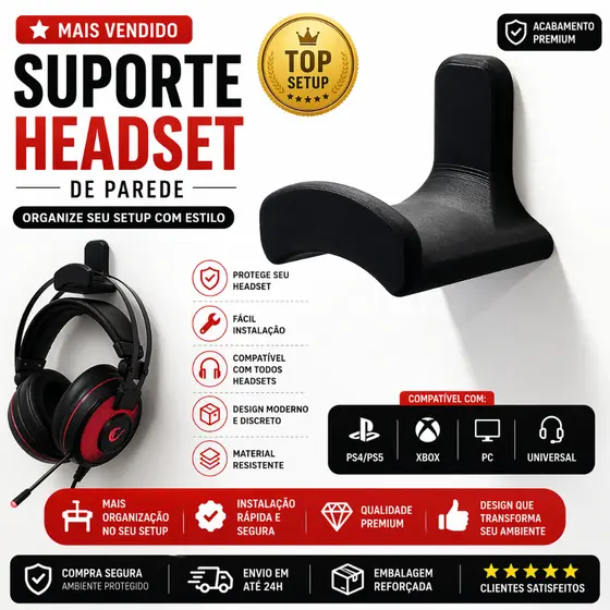 Suporte Headset Gamer de Parede | Organizador Fone PS4 PS5 Xbox PC | Suporte Fone Ouvido Premium 3D