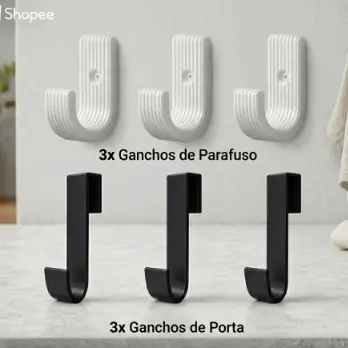 Kit 6 Ganchos Multiuso: 3 Ganchos de Parafuso  + 3 Ganchos de Porta – Organização Sem Furos