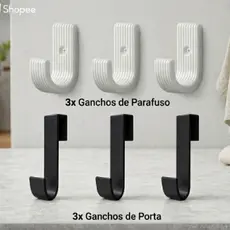 Kit 6 Ganchos Multiuso: 3 Ganchos de Parafuso  + 3 Ganchos de Porta – Organização Sem Furos
