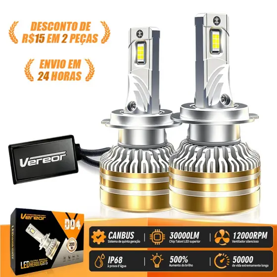 Pair of D04 Super Led Bulbs 30000LM Brightness Lumen , Potência 200W , H1 H3 H4 H7 H11,HB3/905, HB4/9006