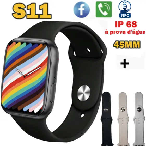 Relógio Inteligente S11 Smartwatch 45mm NFC Chamada Bluetooth IP68 À Prova D'água com 4 Pulseiras
