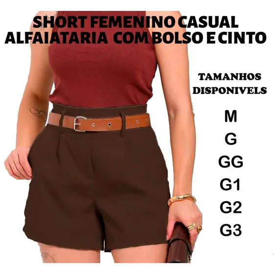 SHORT FEMENINO  TECIDO ALFAIATARIA COM BOLSO CINTURA ALTA E CINTO, CASUAL