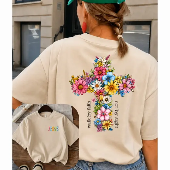 Camiseta Blusa 100% Algodão Feminina Básica Jesus Flores Cruz Cristã Religiosa Evangélica Casual Gym