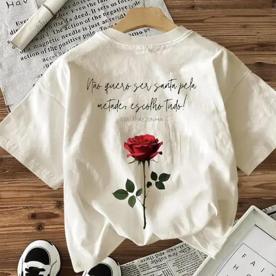 Max Camisetão Blusa Feminina Estampa Frase Cristã Santa Teresinha Catolica Oversized Rosa Fé Linda