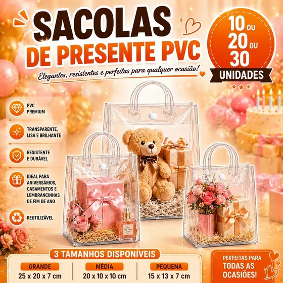 Kit Até 30 Sacolas de Presente Transparentes em PVC com Alças e Botões | Embalagem para Lembrancinhas, Festa e Casamento