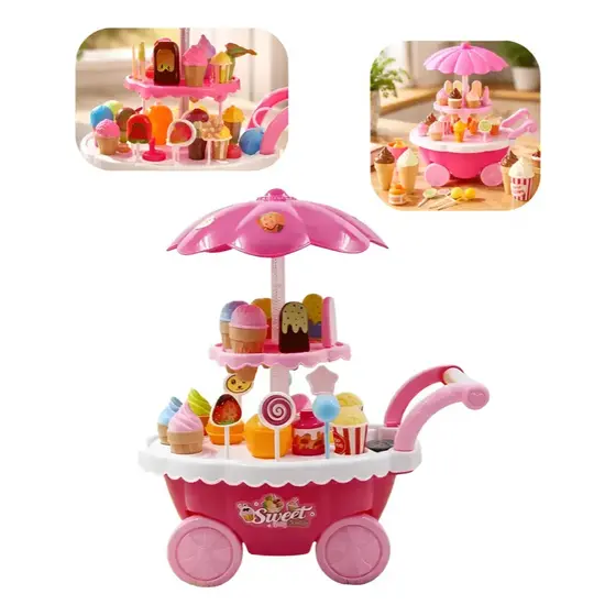 Brinquedo Infantil Carrinho De Sorvete Com Luz E Som Acessórios Inclusos Para Brincar Vender Gelados