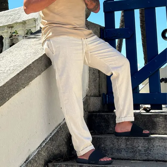 Calça Masculina De Linho Rústico Leve Bege Praia Cordão Ajustável Premium Verão Estilosa Moderna