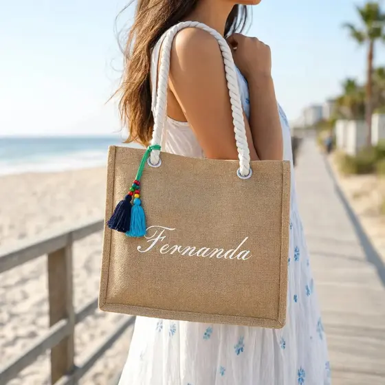 Bolsa Grande Personalizada Com Nome Em Juta Natural Com Alças De Corda Reforçadas Pingente Decorativo Urbano Casual Luxo