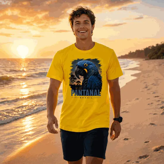 Camiseta Estampada Pantanal Arara Azul Algodão Macio Manga Curta Casual Natureza Brasileira Premium