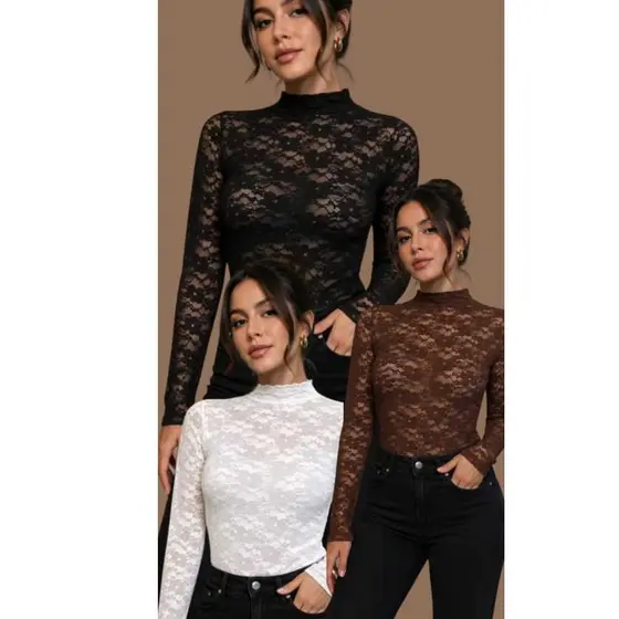 Blusa de Renda Feminina Manga Longa Transparente