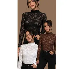Blusa de Renda Feminina Manga Longa Transparente