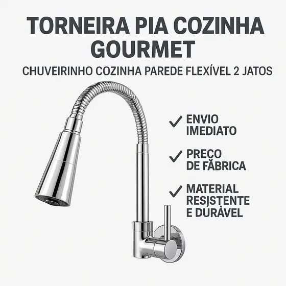 Torneira Gourmet de Parede Pia Cozinha Flexível com Chuveirinho 2 Jatos