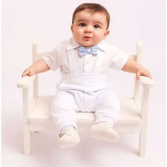 Conjunto Batizado Bebê Menino Pedro Com Gravata E Suspensório