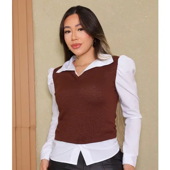 Blusa Social com Sobreposição Falsa