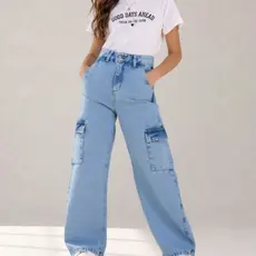 Calça Jeans Infantil Wide Leg Cargo Feminina Linha Premium Alto Padrão Juvenil 4 ao 16 tendencia**