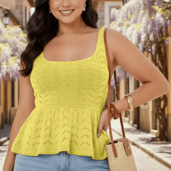 Blusa Regata Peplum Feminina Tricot Modal Decote Quadrado Vazado Elegante Casual Básico