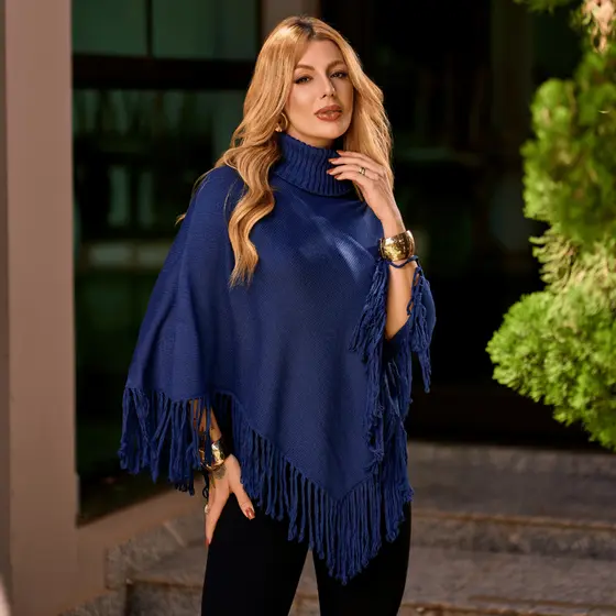 Poncho Feminino Tricot Inverno Frio Elegante Franja Casual Gola Alta Blusa Capa