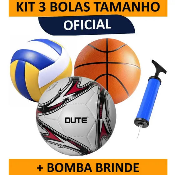 Kit Completo com 3 Bolas Oficiais (Futebol, Vôlei e Basquete) + Bomba de Ar Brinde