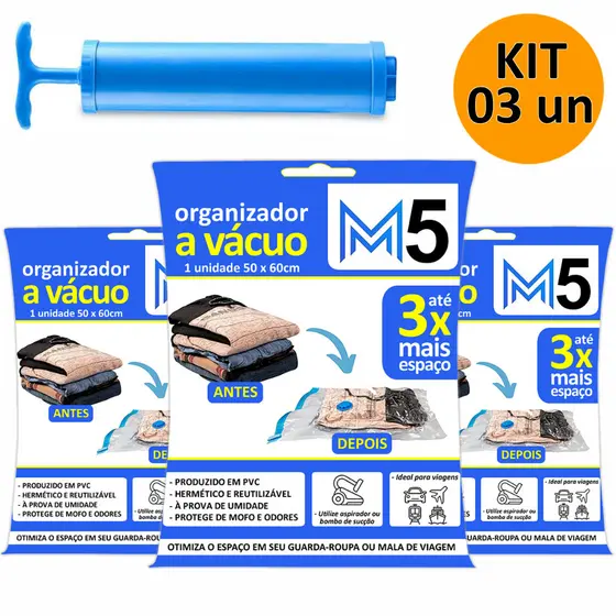 Kit 3 Saco a Vácuo Hermético 50x60cm + Bomba de Sucção Organizador para Mala de Viagem Guarda Roupa