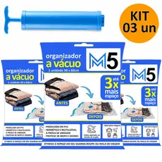 Kit 3 Saco a Vácuo Hermético 50x60cm + Bomba de Sucção Organizador para Mala de Viagem Guarda Roupa