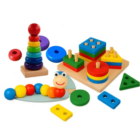 Brinquedo Educativo Sensorial Montessori de Madeira – Formas, Cores e Peças Empilháveis para Bebê