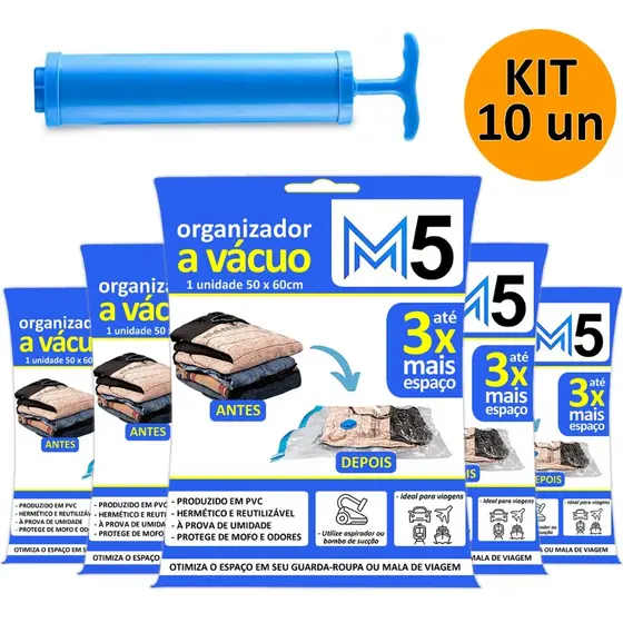 Kit 10 Saco a Vácuo Hermético 50x60cm + Bomba de Sucção Organizador para Mala de Viagem Guarda Roupa