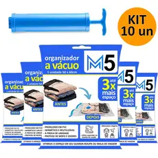 Kit 10 Saco a Vácuo Hermético 50x60cm + Bomba de Sucção Organizador para Mala de Viagem Guarda Roupa