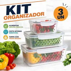 Kit 3 Potes Hermético Organizador de Alimentos Com Cesto Escorredor e Tampa Para Geladeira Cozinha