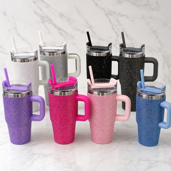 Copo Térmico de Diamond Strass com Canudo e Alça 420ml Inox Garrafa Térmica Diamante Brilhante