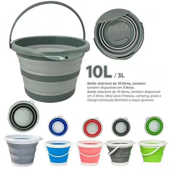 Balde Retrátil Silicone Portátil Limpeza 10L/8L/3L Multiuso Pronto Entrega