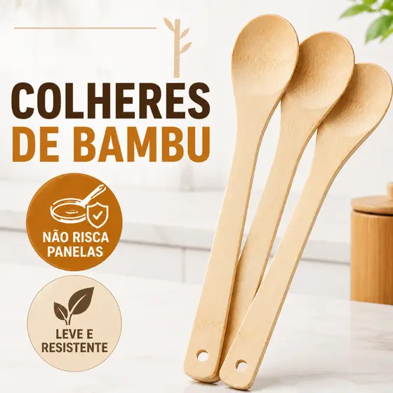 Colher Bambu Pau Madeira Bamboo Premium Resistente Cozinha Utensilio Casa Panela Antiaderente
