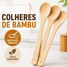Colher Bambu Pau Madeira Bamboo Premium Resistente Cozinha Utensilio Casa Panela Antiaderente