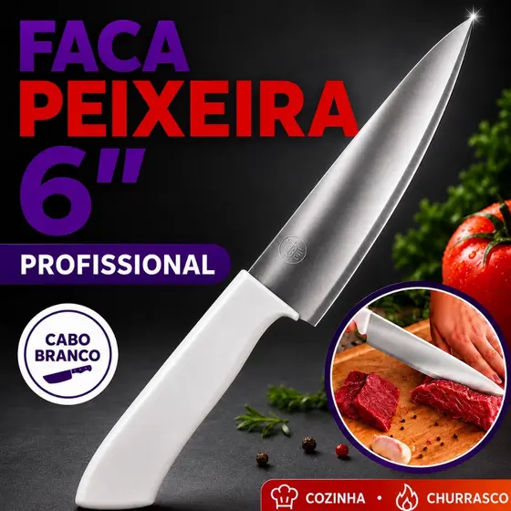 Faca Peixeira 6 Profissional Cabo Branco Cortar Carne Açougue Campeira Cozinha Churrasco TEXAS