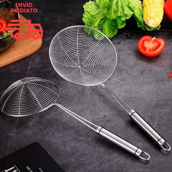 Escumadeira Fritura Colher Grande Arame Aço Inox Profissional Pastel Massas Super Higiênica Batata