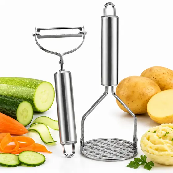 Kit Utensílios Para Cozinha Descascador de Legumes & Amassador de Batatas INOX Premium
