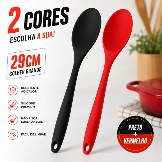 Colher de Silicone Grande 29 Cm Utensílio Cozinha Antiriscos Vermelho Preto Macia Antiaderente