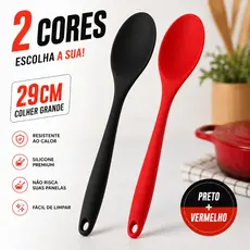Colher de Silicone Grande 29 Cm Utensílio Cozinha Antiriscos Vermelho Preto Macia Antiaderente