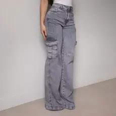 Calça Cargo Feminina Jeans Wide Leg Cintura Alta Modeladora Grafite/Preto Premium Tendência 2025