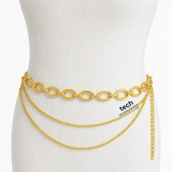 Cinto Corrente Oval CAIDA Moda Blugeira Prata e Dourado