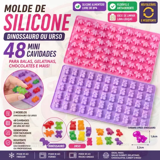 Molde De Silicone Dinossauro Ou Urso 48 Cavidades Para Bala Gummy Chocolate Gelatina