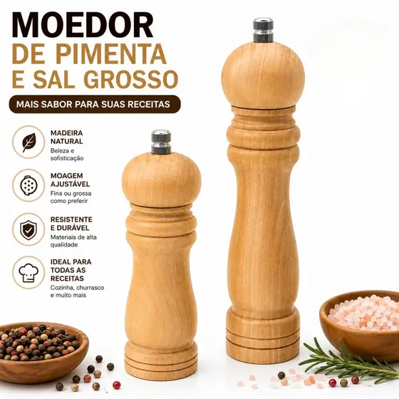 Moinho Manual de Pimenta e Sal Grosso Madeira Triturador Gourmet Ajustável Grande Pequeno